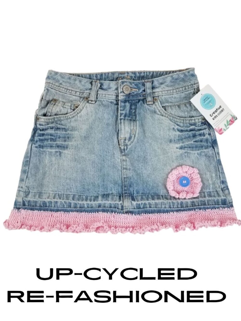 JUSTICE Refashioned Up-Cycled Crochet Jean Skirt With Crochet Flower - Girl's 8